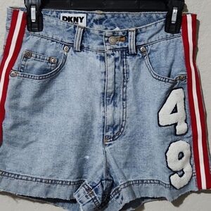 DNKY Shirts Womens Size 4 Denim Sherpa Applique Distressed Bleach Spot Red White